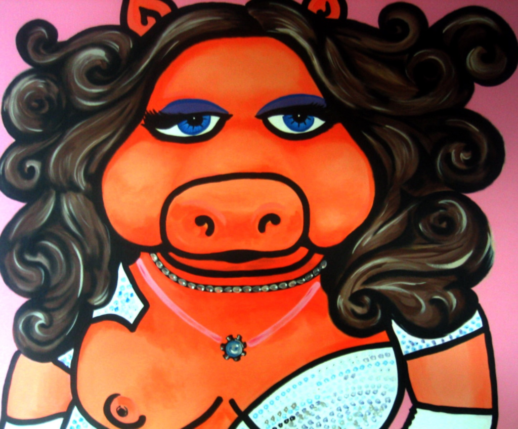 - Art by Picos Pelegri pop art by www.PicosPelegri.art South Beach Miami painting of SoBe Sow with her left boob exposed.