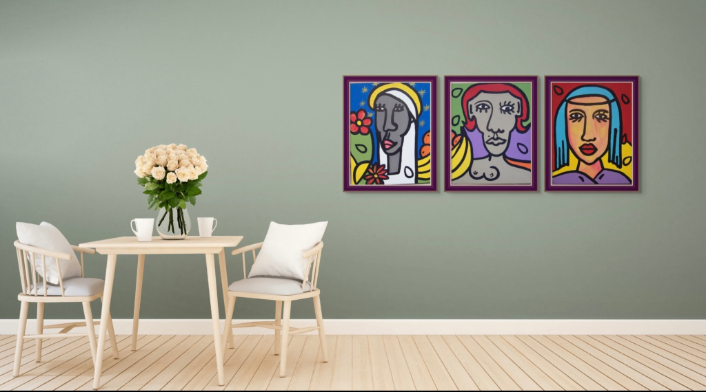 Screenshot - Art by Picos Pelegri Art by www.PicosPelegri.com. Three Pop Portrait Paintings hanging in a cafe in NorthHampton. South Beach Miami