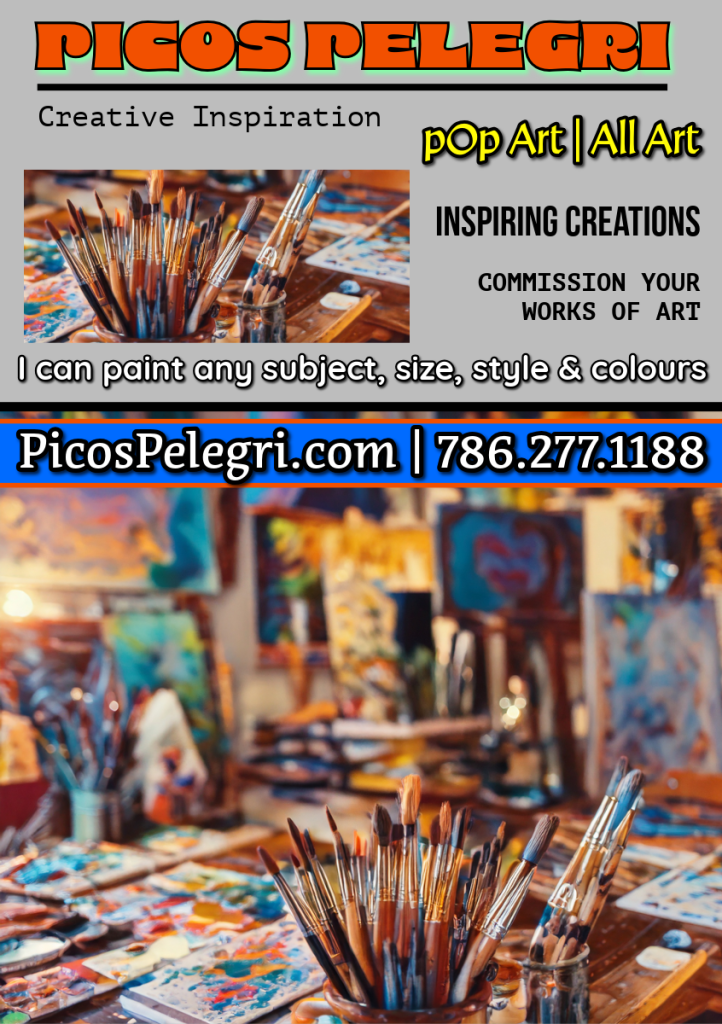 - Art by Picos Pelegri picture of paintbrushes and art in the background. www.PicosPelegri.com South Beach Miami