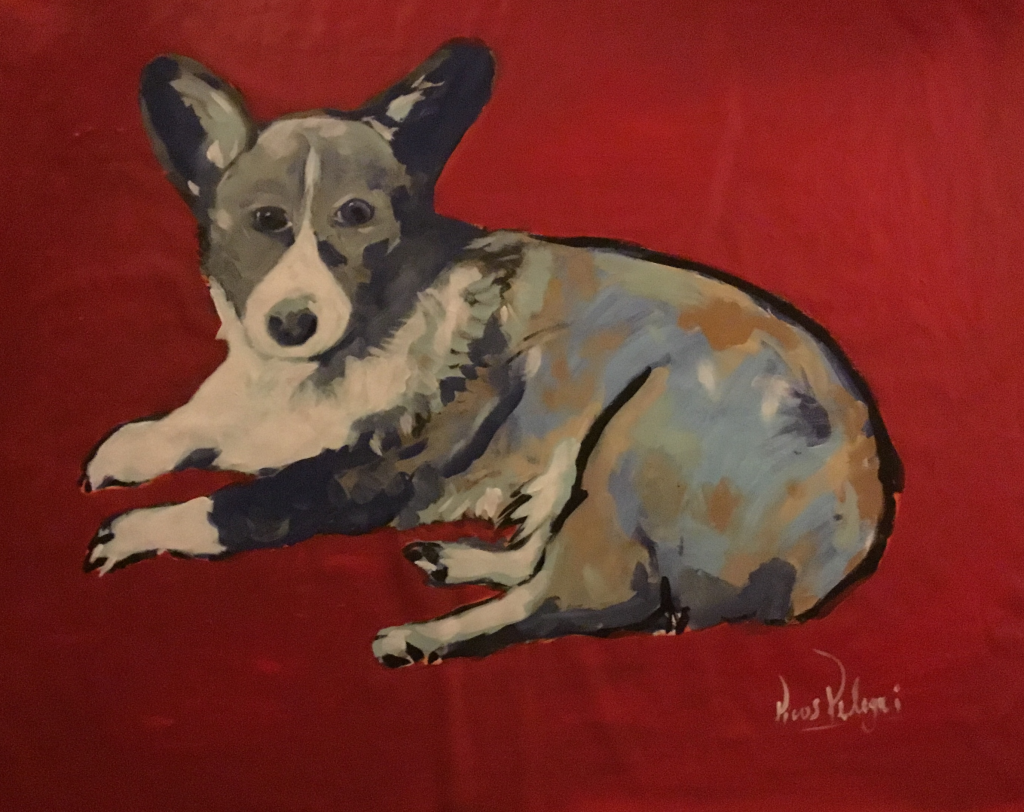 - Art by Picos Pelegri Painting of Foxxy The Corgie. Red Back ground. www.PicosPelegri.com South Beach Miami
