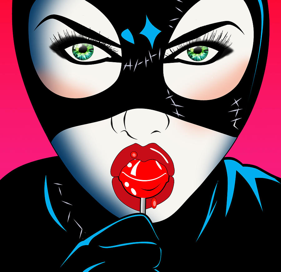 Pop Art Portrait of woman sucking on a lollypop in a leather get up.