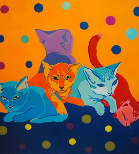 Joyce's Cats. pop art portrait of four colourful cats. painted by www.PicosPelegri.com South Beach Miami