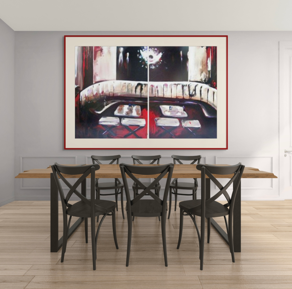 - Art by Picos Pelegri Madonna's Blue Door Restaurant hanging over dining room table. PicosPelegri.com