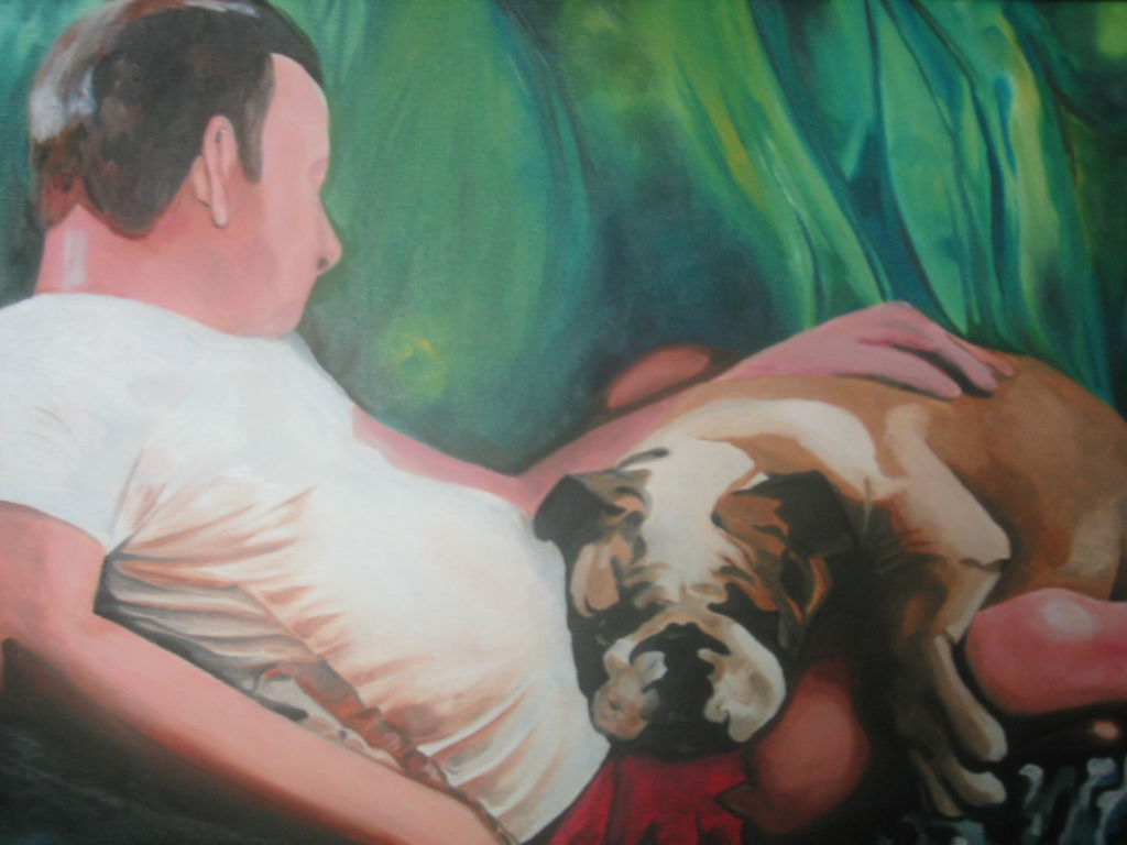 From Photo To Art.  A Painting of a man on couch with A British Bulldog on lap sleeping.  Painting by www.PicosPelegri.com  South Beach Miami 