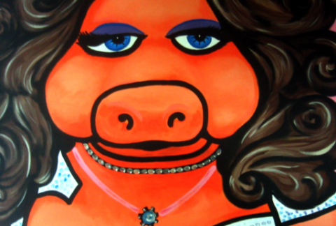 pop art by www.PicosPelegri.art South Beach Miami painting of SoBe Sow with her left boob exposed.