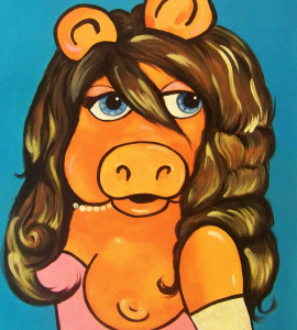 OPO PAINITNG OF SOBE SOW WITH A BLUE BACKGROUND IN ANIMAL PRINT. PAINTED BY www.PicosPelegri.com South Beach Miami