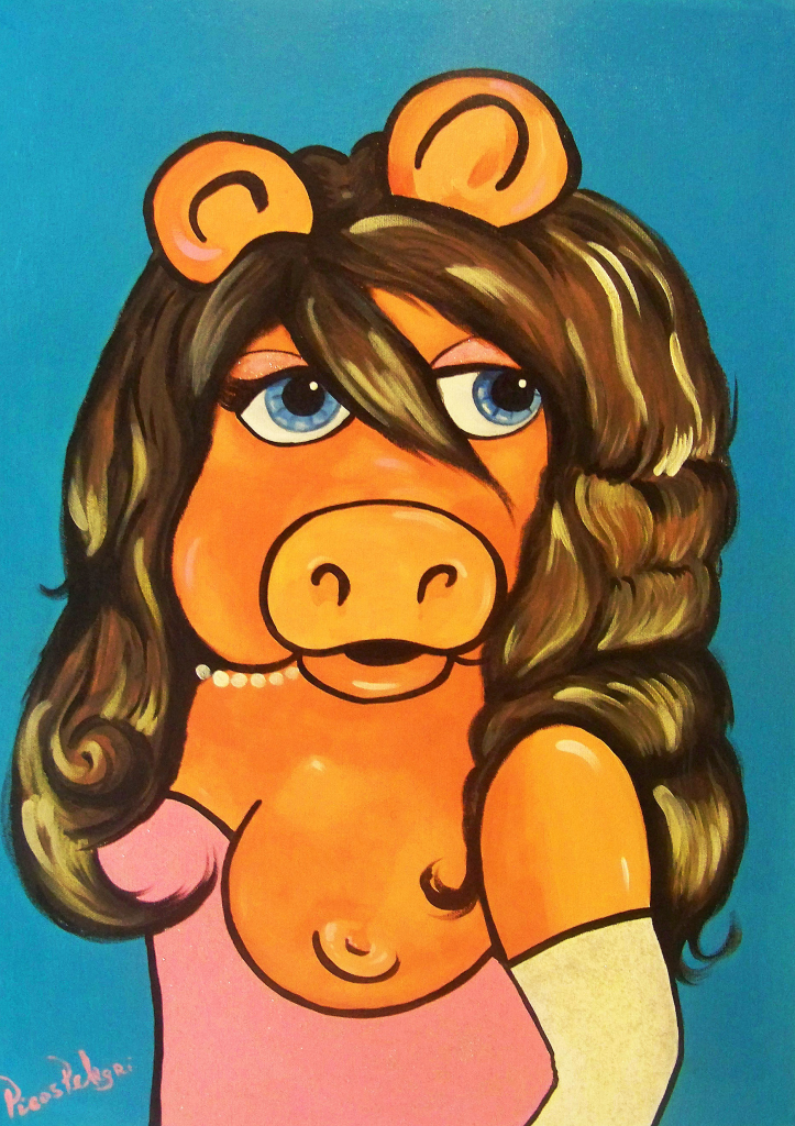 OPO PAINITNG OF SOBE SOW WITH A BLUE BACKGROUND IN ANIMAL PRINT. PAINTED BY www.PicosPelegri.com South Beach Miami