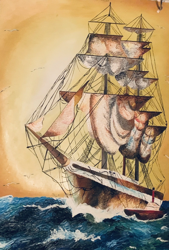 A tall sailing ship with billowing sails crossing deep blue waves beneath a golden sky.