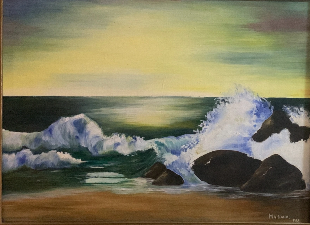 Foaming waves break against dark coastal rocks beneath a softly lit yellow-green sky.
