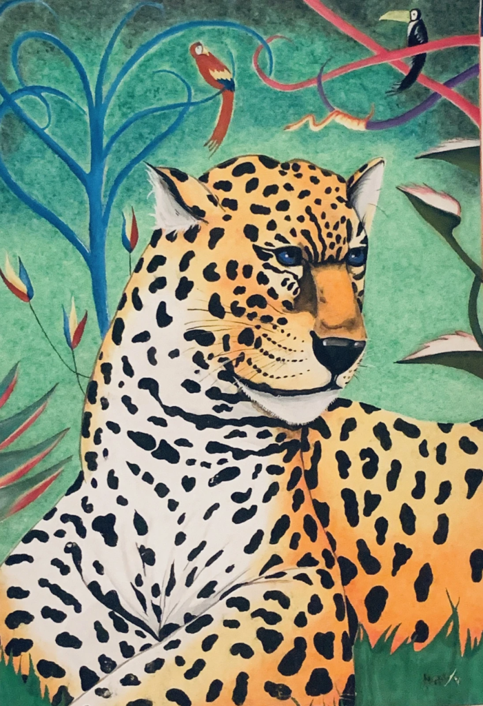 A spotted big cat beneath colorful birds and curling branches on a turquoise jungle background.
