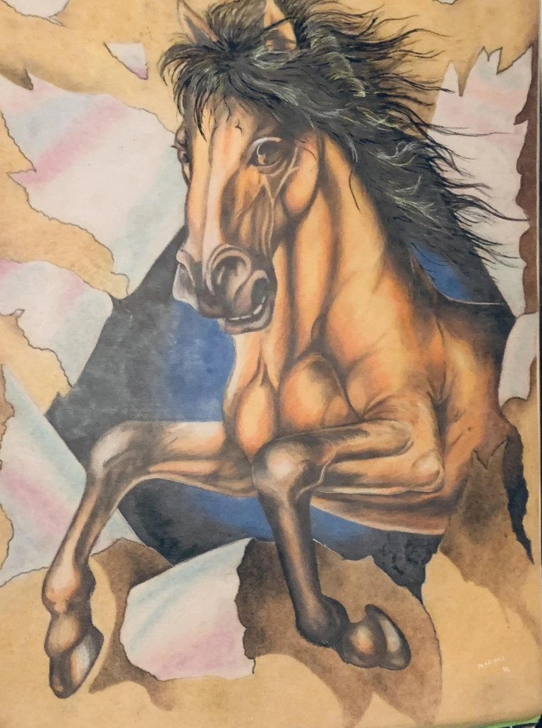 A rearing brown horse with a flowing black mane against angular pastel shapes.