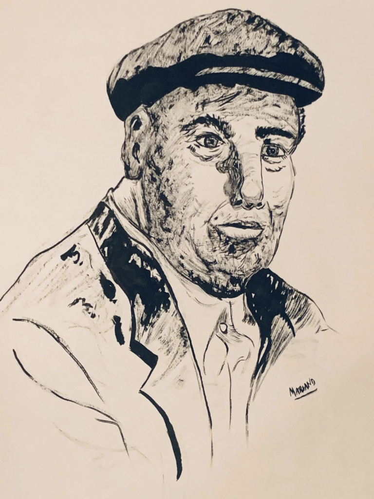 A black-and-white portrait drawing of a man wearing a flat cap and open-collared shirt.
