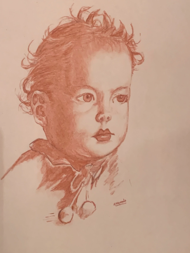 A reddish-brown portrait drawing of a curly-haired child looking to one side.