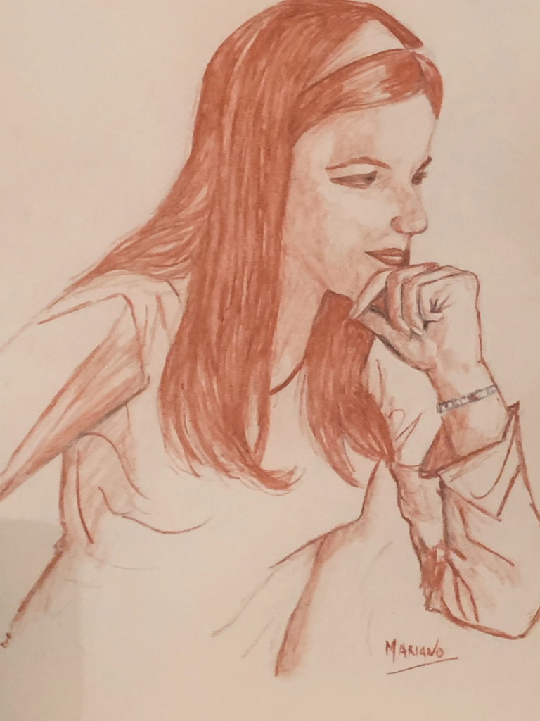 A reddish-brown drawing of a long-haired woman resting a hand near her chin.