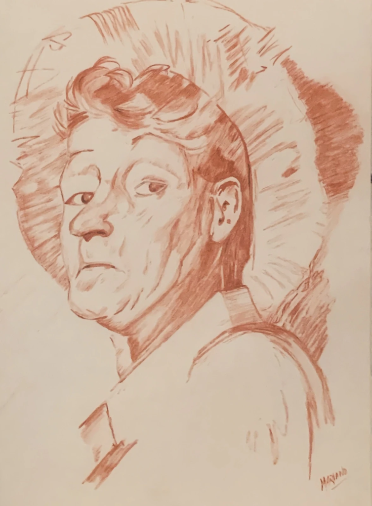 A reddish-brown portrait sketch of a woman looking back over her shoulder.