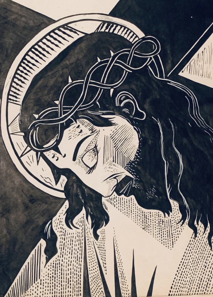 A high-contrast black-and-white drawing of a bowed figure wearing a crown of thorns.