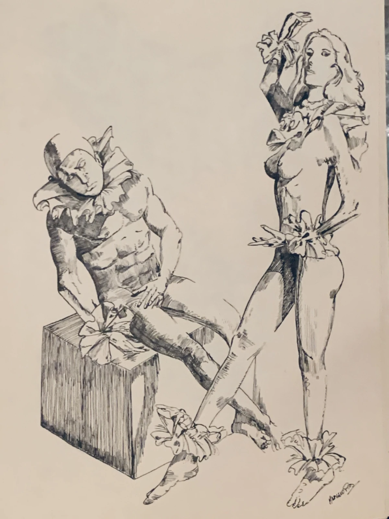 A black-and-white illustration of two costumed theatrical figures, one seated and one standing.