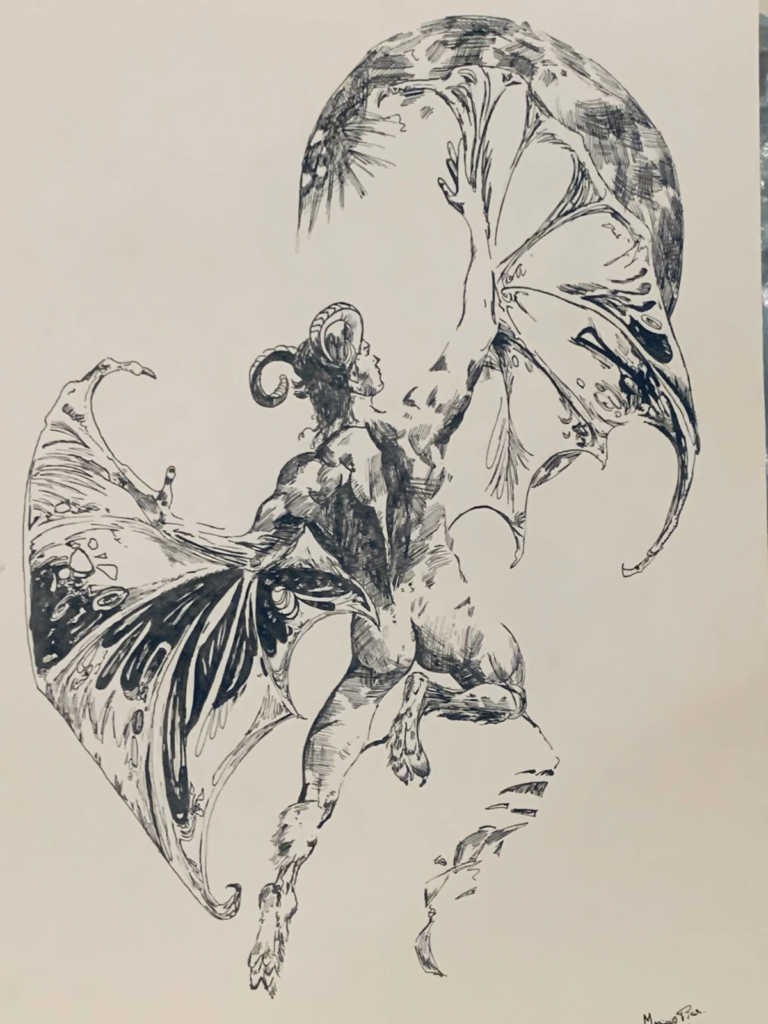 An intricate black-and-white illustration of a costumed figure surrounded by sweeping decorative forms.