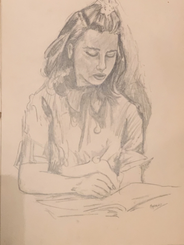 A light pencil sketch of a long-haired woman looking down as she writes at a desk.