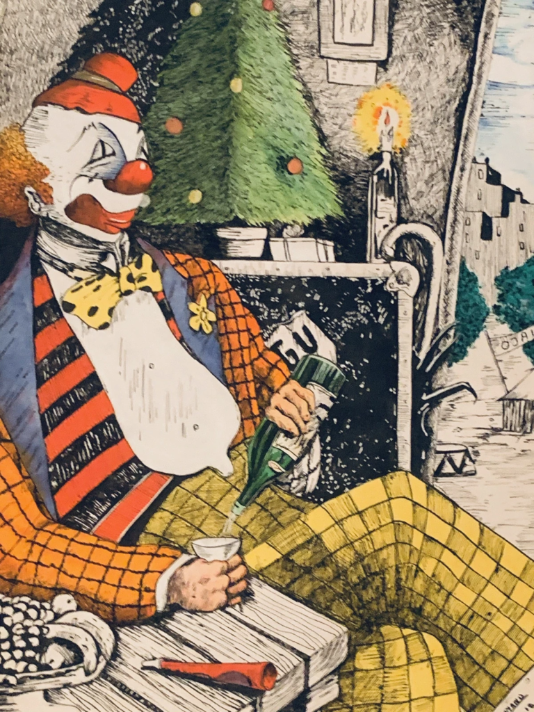 A clown in a patterned yellow suit and bright scarf sits in an ornate chair beside a candle.