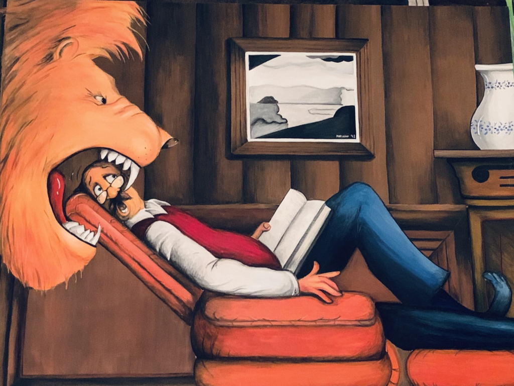 A surreal scene of a reclining reader beside an oversized lion head in a wood-paneled room.