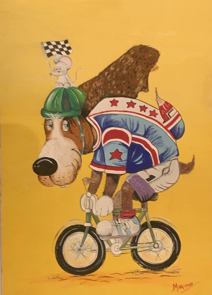 Two cartoon animals in colorful costumes balance together on a small bicycle against a yellow background.