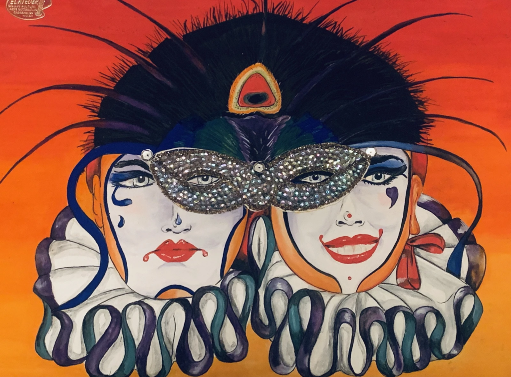 Two stylized faces in elaborate black feathered headwear and ruffled collars against a red background.