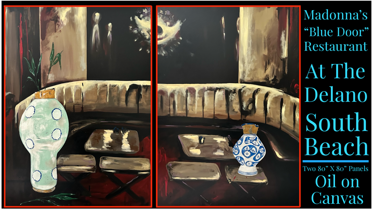 Madonna’s Blue Door Restaurant two-panel painting by Mariano Picos Pelegri